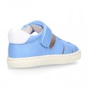 Nappa Leather Kids T-strap shoes with hook and loop strap closure with straps design.