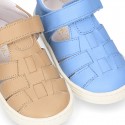 Nappa Leather Kids T-strap shoes with hook and loop strap closure with straps design.