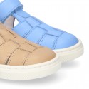 Nappa Leather Kids T-strap shoes with hook and loop strap closure with straps design.