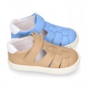 Nappa Leather Kids T-strap shoes with hook and loop strap closure with straps design.