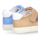 Nappa Leather Kids T-strap shoes with hook and loop strap closure with straps design.