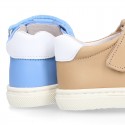 Nappa Leather Kids T-strap shoes with hook and loop strap closure with straps design.