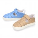 Nappa Leather Kids T-strap shoes with hook and loop strap closure with straps design.