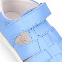 Nappa Leather Kids T-strap shoes with hook and loop strap closure with straps design.