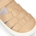 Nappa Leather Kids T-strap shoes with hook and loop strap closure with straps design.