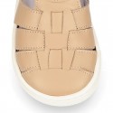 Nappa Leather Kids T-strap shoes with hook and loop strap closure with straps design.