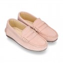 Suede leather kids moccasins shoes with detail mask in SPRING COLORS.