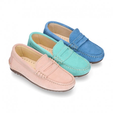 Suede leather kids moccasins shoes with detail mask in SPRING COLORS.