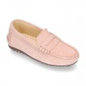 Suede leather kids moccasins shoes with detail mask in SPRING COLORS.