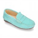 Suede leather kids moccasins shoes with detail mask in SPRING COLORS.