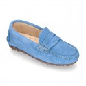 Suede leather kids moccasins shoes with detail mask in SPRING COLORS.