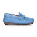 Suede leather kids moccasins shoes with detail mask in SPRING COLORS.