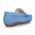 Suede leather kids moccasins shoes with detail mask in SPRING COLORS.