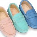 Suede leather kids moccasins shoes with detail mask in SPRING COLORS.