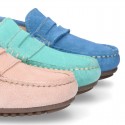 Suede leather kids moccasins shoes with detail mask in SPRING COLORS.