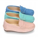 Suede leather kids moccasins shoes with detail mask in SPRING COLORS.
