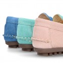 Suede leather kids moccasins shoes with detail mask in SPRING COLORS.