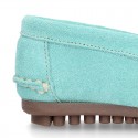 Suede leather kids moccasins shoes with detail mask in SPRING COLORS.