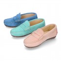 Suede leather kids moccasins shoes with detail mask in SPRING COLORS.