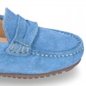 Suede leather kids moccasins shoes with detail mask in SPRING COLORS.