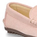 Suede leather kids moccasins shoes with detail mask in SPRING COLORS.