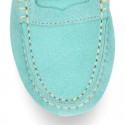 Suede leather kids moccasins shoes with detail mask in SPRING COLORS.