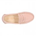 Suede leather kids moccasins shoes with detail mask in SPRING COLORS.