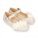 CEREMONIES Girl Mary Jane shoes with buckle fastening and FLOWERS in LINEN.