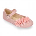 CEREMONIES Girl Mary Jane shoes with buckle fastening and FLOWERS in LINEN.