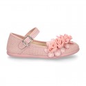 CEREMONIES Girl Mary Jane shoes with buckle fastening and FLOWERS in LINEN.