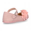 CEREMONIES Girl Mary Jane shoes with buckle fastening and FLOWERS in LINEN.