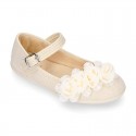 CEREMONIES Girl Mary Jane shoes with buckle fastening and FLOWERS in LINEN.