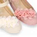 CEREMONIES Girl Mary Jane shoes with buckle fastening and FLOWERS in LINEN.