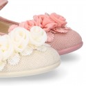 CEREMONIES Girl Mary Jane shoes with buckle fastening and FLOWERS in LINEN.