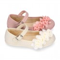 CEREMONIES Girl Mary Jane shoes with buckle fastening and FLOWERS in LINEN.