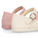 CEREMONIES Girl Mary Jane shoes with buckle fastening and FLOWERS in LINEN.