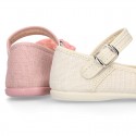 CEREMONIES Girl Mary Jane shoes with buckle fastening and FLOWERS in LINEN.