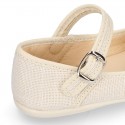 CEREMONIES Girl Mary Jane shoes with buckle fastening and FLOWERS in LINEN.