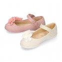 CEREMONIES Girl Mary Jane shoes with buckle fastening and FLOWERS in LINEN.