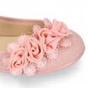 CEREMONIES Girl Mary Jane shoes with buckle fastening and FLOWERS in LINEN.