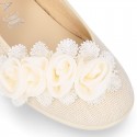 CEREMONIES Girl Mary Jane shoes with buckle fastening and FLOWERS in LINEN.