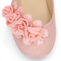 CEREMONIES Girl Mary Jane shoes with buckle fastening and FLOWERS in LINEN.