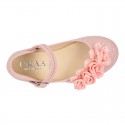 CEREMONIES Girl Mary Jane shoes with buckle fastening and FLOWERS in LINEN.