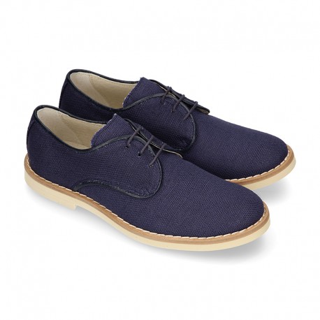 NAVY BLUE LINEN Kids Laces up shoes for CEREMONY.