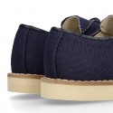 NAVY BLUE LINEN Kids Laces up shoes for CEREMONY.