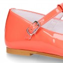 Little T-Strap Girl OKAA Mary Jane shoes in PEONY patent leather with perforated design.