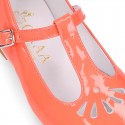 Little T-Strap Girl OKAA Mary Jane shoes in PEONY patent leather with perforated design.