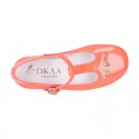 Little T-Strap Girl OKAA Mary Jane shoes in PEONY patent leather with perforated design.