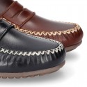 Tanned leather kids moccasins shoes with detail mask in CLASSIC COLORS.