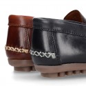 Tanned leather kids moccasins shoes with detail mask in CLASSIC COLORS.